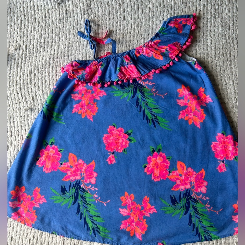 Tommy Bahama 6x dress with front ruffle/pom poms. Vibrant pinks/blues. Lovely!